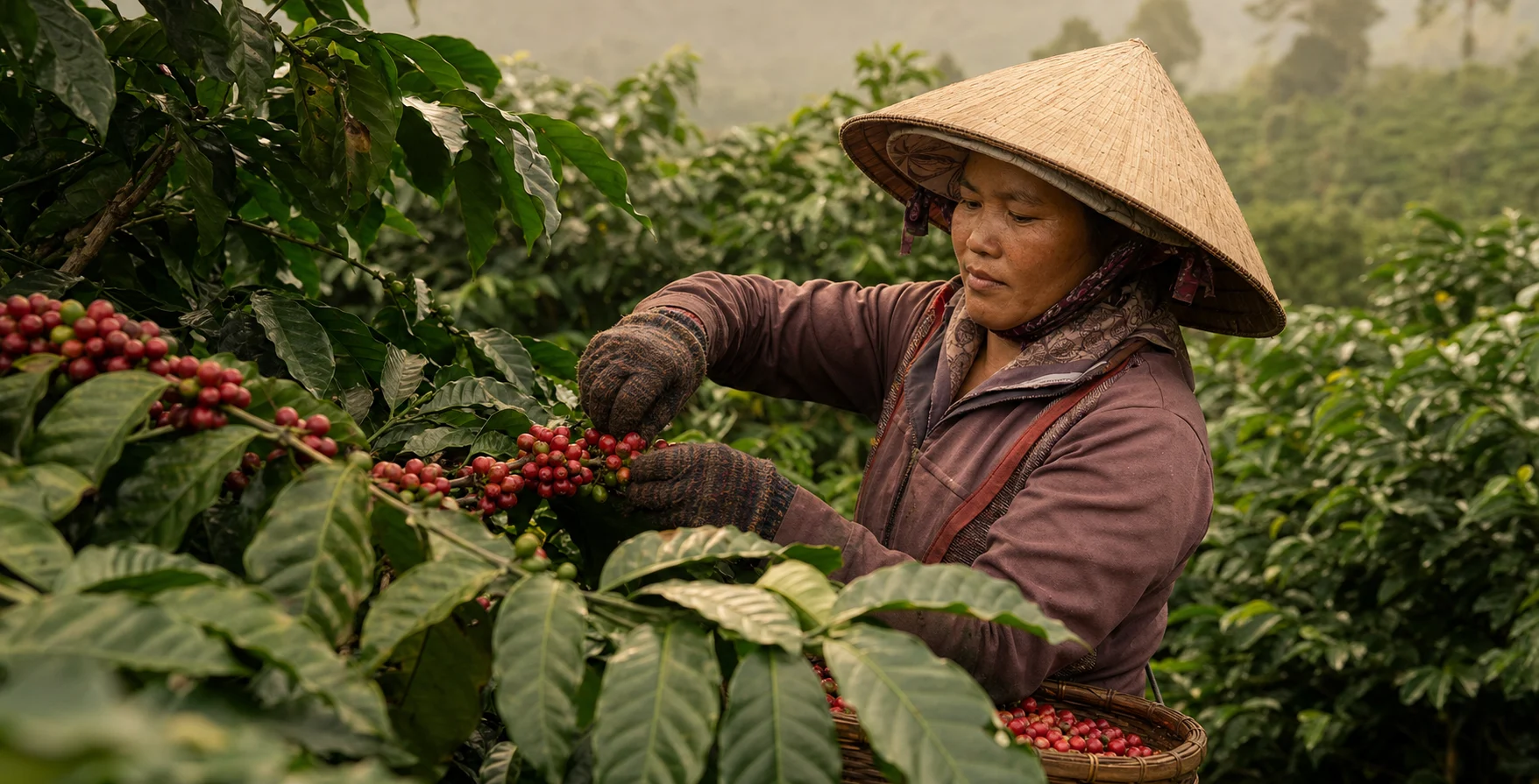 A Vietnamese coffee farmer hand-picking ripe Robusta cherries among coffee trees